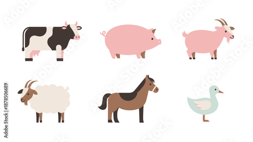 Whimsical farmyard animals in a playful vector illustration featuring cows, pigs, sheep, a horse, and a chicken.