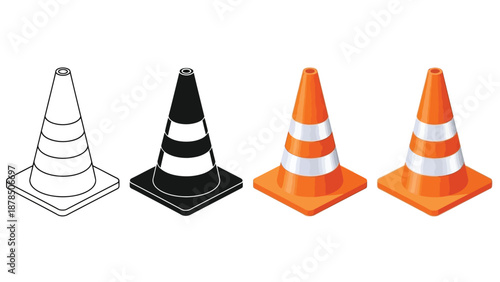 Four traffic cones are displayed in different styles: outline, silhouette, and two colored illustrations.