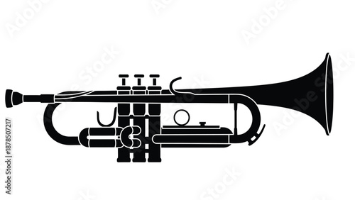 A silhouette of a trumpet is shown against a white background.