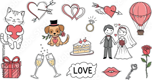 Collection of charming cartoon stickers featuring cute romantic icons like a bride and groom, dog, cat, hearts, and celebration elements