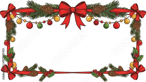 Charming hand drawn christmas border design featuring festive pine branches red ribbons decorative ornaments pinecones and bright holly berries for holiday greetings