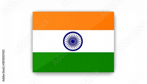 India’s national flag waving on pole, saffron-white-green stripes with navy blue Ashoka Chakra centered, circular backdrop with soft blue-pink hues evokes pride, unity, and cultural symbolism.