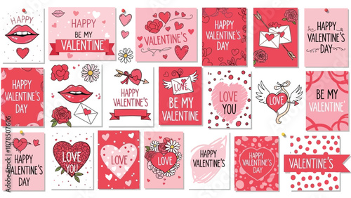 Collection of charming flat design printable valentine greeting cards featuring hearts flowers lips and affectionate holiday messages