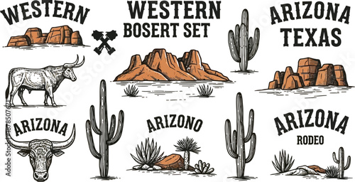 Collection of vintage western desert icons featuring saguaro cacti longhorn skulls buttes and cattle illustrations for retro branding designs