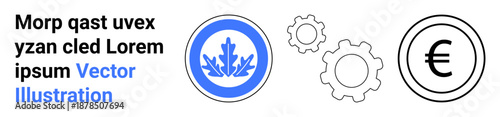 Financial planning, industrial processes, economic systems, currency exchange, business operations, technical innovation. Euro symbol with gears and leaf emblem in blue circle. Financial planning
