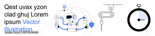 Artificial intelligence, automation, robotics, cybersecurity, time management, innovation. A robot surrounded by digital icons and a stopwatch. Artificial intelligence and automation concept