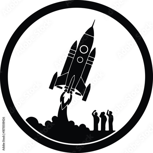 Silhouette space rocket launch with people cheering startup success illustration vector