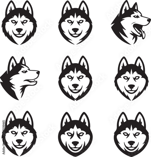 black and white husky dog head illustrations