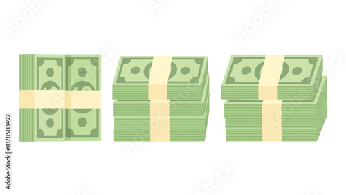Three stacks of US dollar bills are shown in different perspectives on a white background.