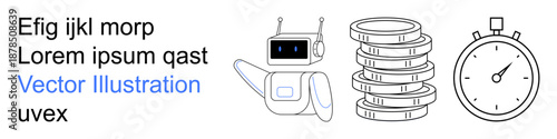 Artificial intelligence, financial technology, time management, innovation, programming, digital economy. Minimalist robot next to stacks of coins and a stopwatch. AI and financial technology