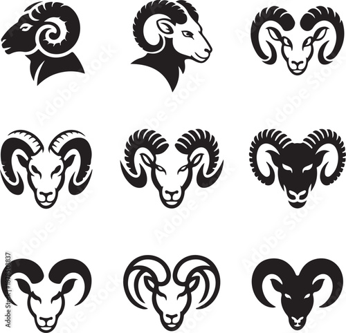black and white ram head icons in different styles and poses