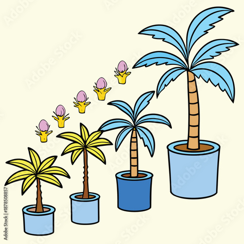 Tropical island beach illustration with palm trees, ocean, sun, and summer vacation paradise
