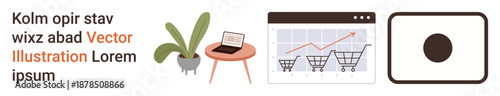 Online shopping, analytics, digital marketing, e-commerce trends, workspace setup, web design elements. Includes shopping cart icons, growth charts workspace design. E-commerce and analytics trends