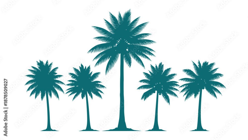 Obraz premium A group of five palm trees are silhouetted against a white background.