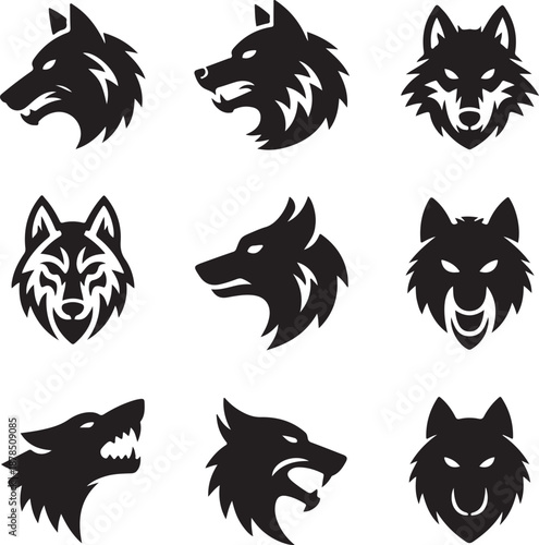black and white wolf head silhouettes in various expressions and angles