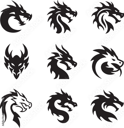 black dragon heads in different styles and poses