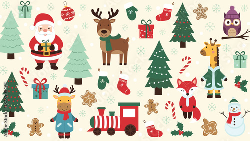 Cute Christmas Character Set with Santa Claus Reindeer Snowman and Forest Animals Flat Vector Illustration for Holiday Winter Celebration Decoration