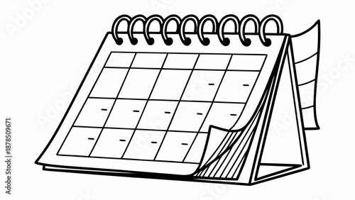 A desk calendar illustration with a monthly grid view showing dates and pages turned over from the side view