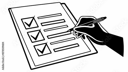 Hand marking checkboxes on a document with a pen from a close-up viewpoint