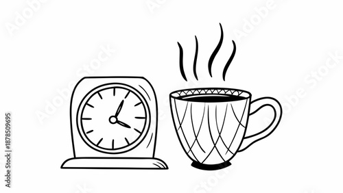 A steaming cup of coffee next to a clock on a table, viewed from the side in a simple illustration style