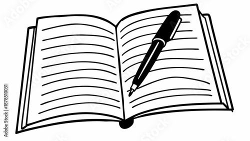 An open book with a pen resting on its pages, viewed from directly above