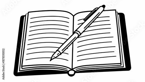 An open book with a pen lying on its pages, symbolizing writing and learning, viewed from directly above