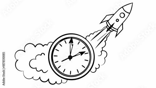 A rocket launching from a clock surrounded by clouds viewed from the side in a simple line art style