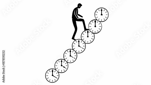 A person climbing a staircase of clocks from a low angle view