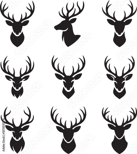 black silhouettes of deer heads with antlers on white background