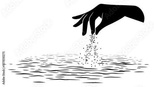 A hand scattering particles into a rippled water surface from an overhead perspective with an illustration style