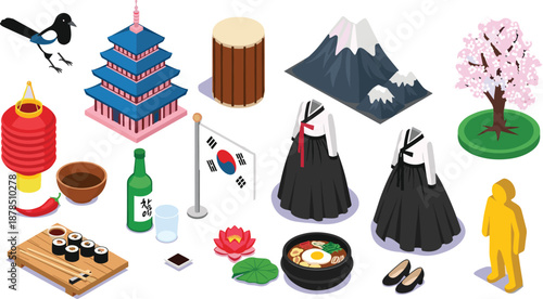 South Korean Culture Isometric Icon Set with Traditional Hanbok Food Pagoda Flag and Landmarks for Travel Guide Infographic Design Elements Flat Vector Illustration
