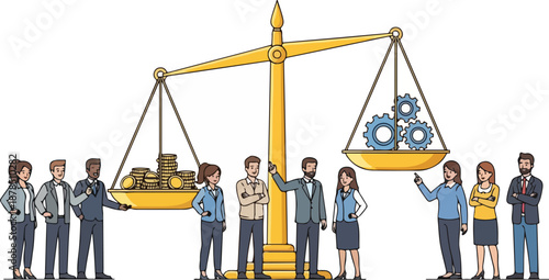 People balancing work and technology on a scale with diverse professionals