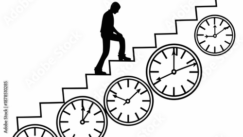 A person climbing a staircase surrounded by large clocks illustrating the passage of time and urgency in a monochrome illustration