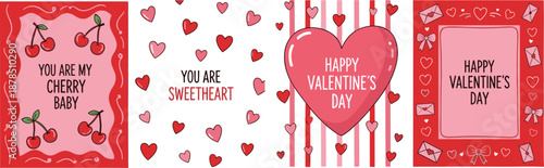 Happy Valentine Day Greeting Card Collection Set with Hearts Cherries and Love Quotes Flat Vector Illustration Isolated on White Background