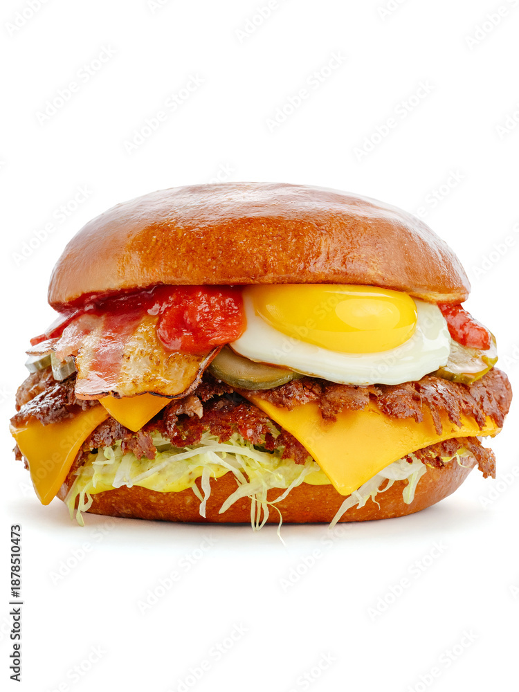 Naklejka premium big burger with egg, cutlet and bacon