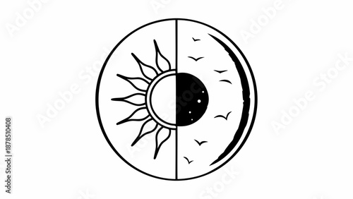 A simple illustration of a sun and moon combined in a circular emblem with bold lines and stark contrast