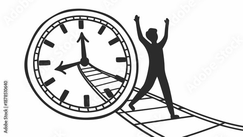 A person celebrating on a road with a giant clock showing a fast time passage