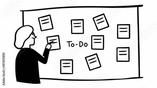 Woman writing on a to-do list on a whiteboard in an office environment from a side view