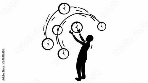 Person juggling multiple clocks in a chaotic environment, viewed from the side, illustration of time management struggle