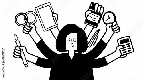 A multitasking woman surrounded by various office tools and technology, showcasing productivity and efficiency in a modern work environment from a straightforward viewpoint.