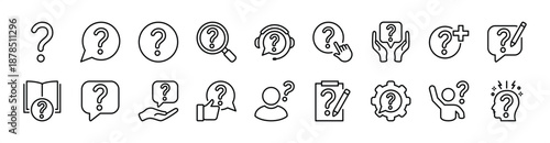 Question mark thin line icon button set. Contains asking, confusion, query, information, FAQ, help, support, advice, guide, researching, conversation problem, quiz - vector illustration