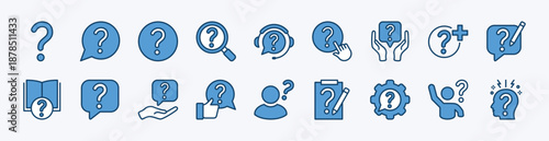 Set of question mark icon button. Contains asking, problem, confusion, query, information, FAQ, help, support, advice, guide, researching, conversation, quiz, write - vector illustration