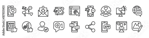 Social media icon set. Contains business marketing, website, advertising, online communication, news, share, app, streaming, community, message, blog, verified profile - vector illustration