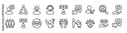 Customer, client and user thin line icon set. Contains feedback, service, satisfaction, support, search, target, review, question, experience, repeat, comment, shopping, community. Vector illustration