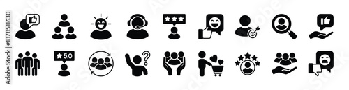 Customer, client and user icon vector set. Contains feedback, service, satisfaction, support, search, target, rating, review, question, experience, repeat, comment, shopping, community - illustration