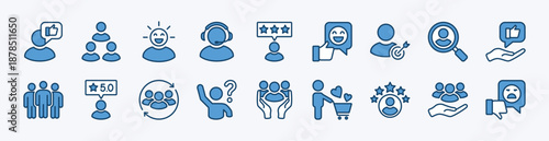 Set of customer, client and user icon. Contains feedback, service, satisfaction, support, search, target, rating, review, question, experience, repeat, comment, shopping, community - vector