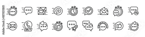 Quick and fast response time thin line icon set. Contains message, chat, mail, feedback, reply, answer, 24 hours call center for social media. Stopwatch with speech bubble and checkmark