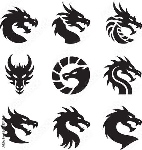 Collection of dragon head silhouettes in various styles and designs