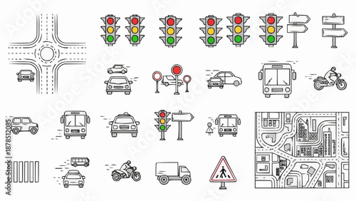 Collection of Transportation and Traffic Icons and Illustrations.