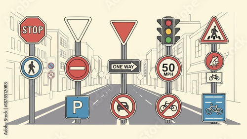 Collection of Traffic Signs and Signals on City Street.